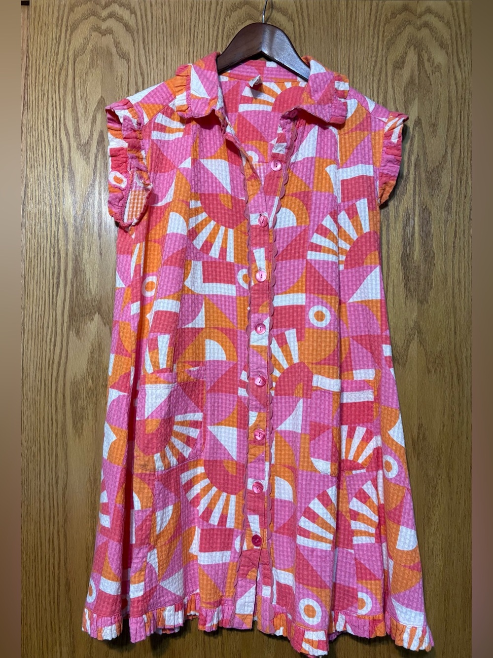 Uncle Frank Pink Orange Geometric Sunburst Seersucker Swing Dress